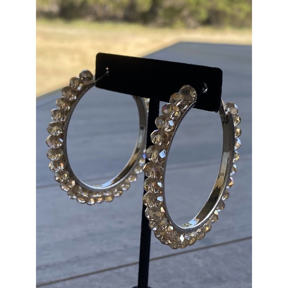Earrings Hoops Fashion Faceted Beads Artisan Golden AB Silver Tone